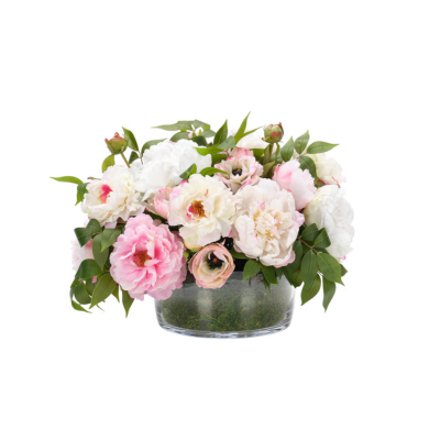 Cream Pink Peony Ranunculus, Faux Moss Garden