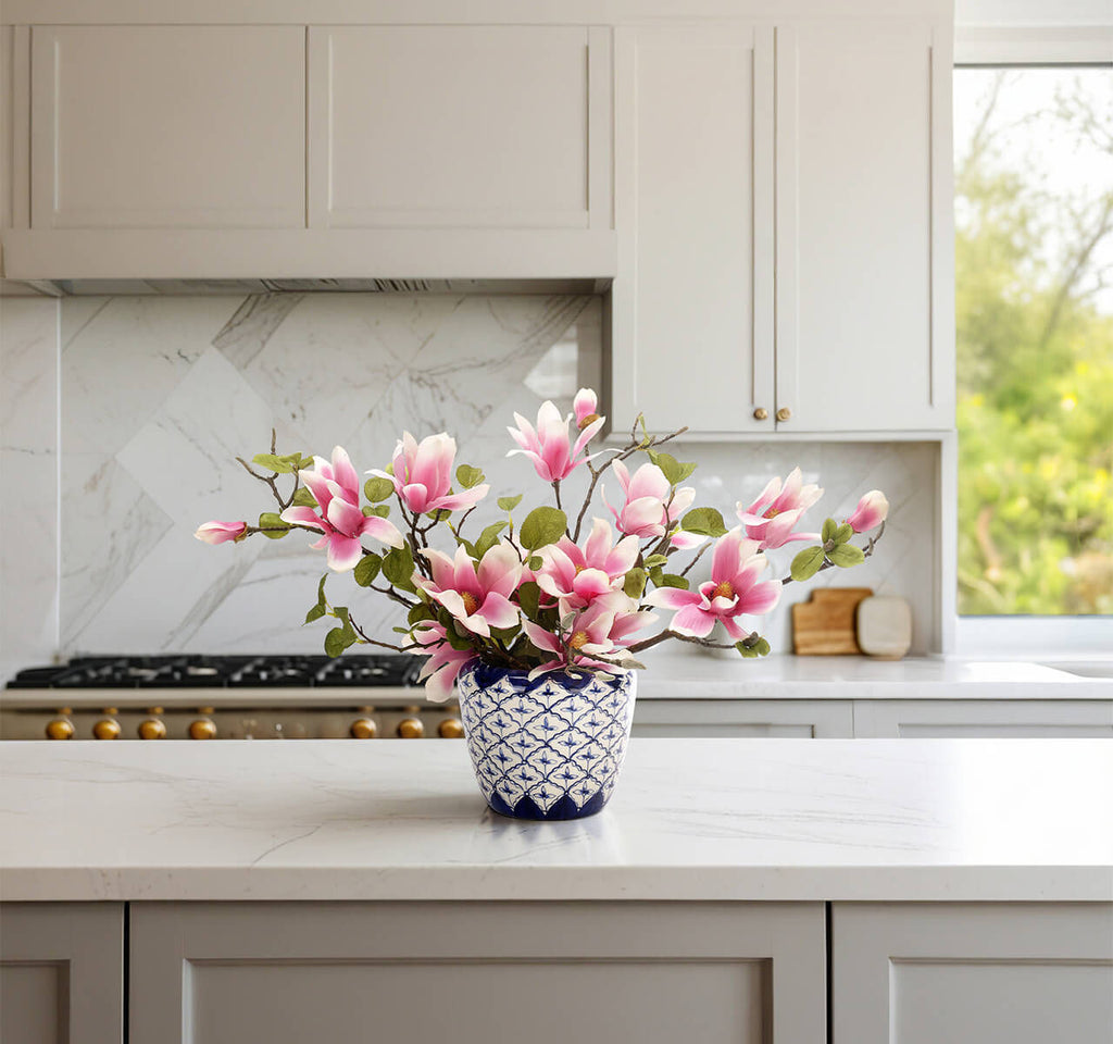 Pink Magnolia Flowers, Faux Watergarden