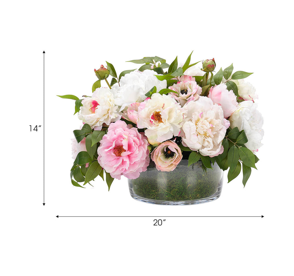 Cream Pink Peony Ranunculus, Faux Moss Garden
