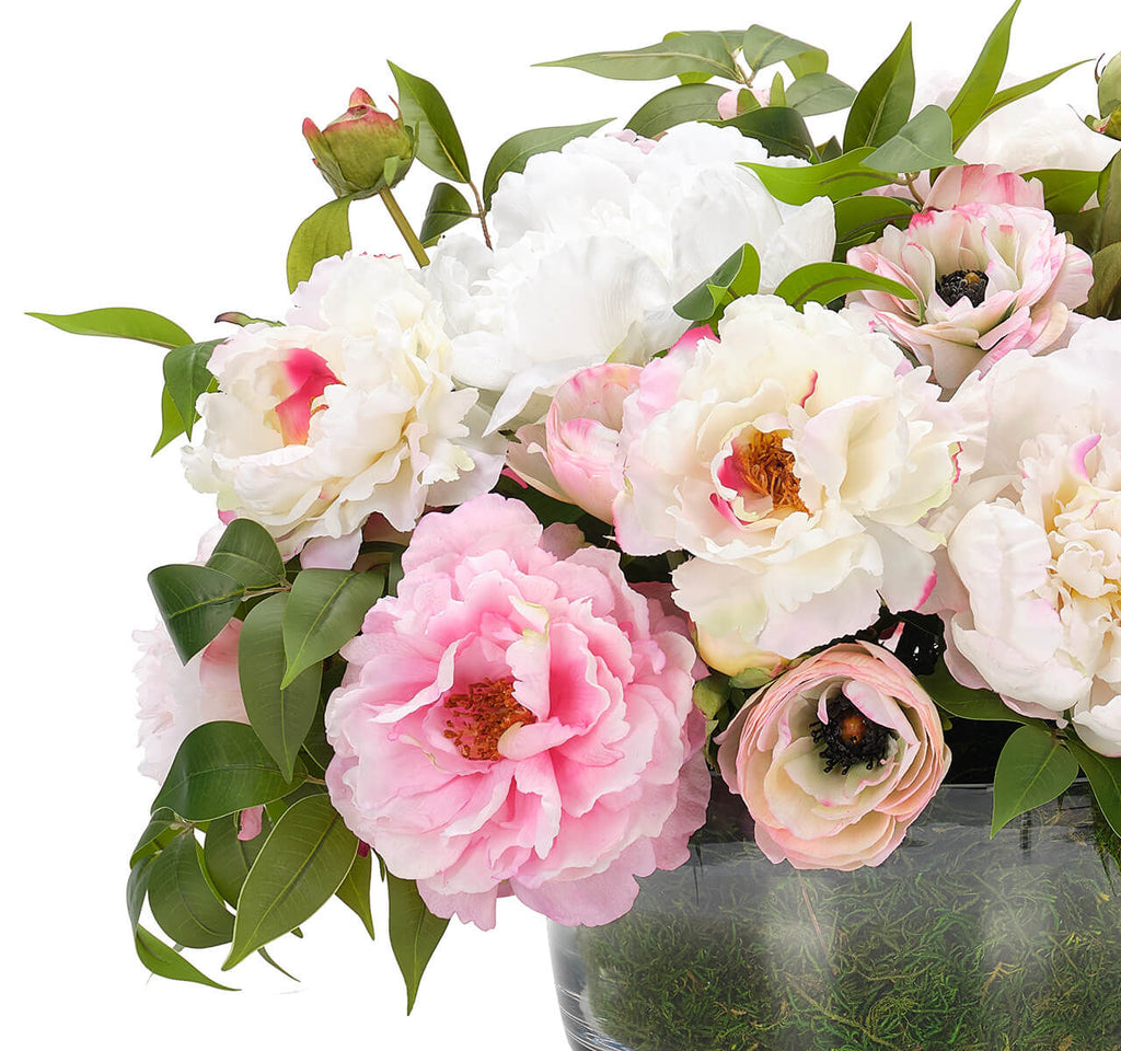 Cream Pink Peony Ranunculus, Faux Moss Garden