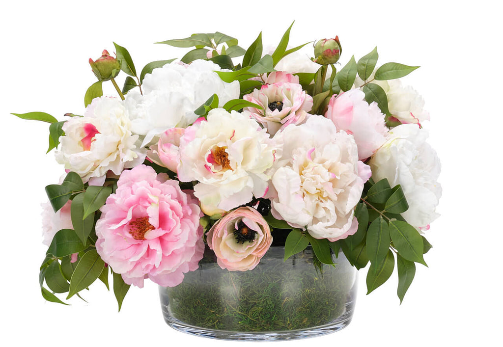 Cream Pink Peony Ranunculus, Faux Moss Garden
