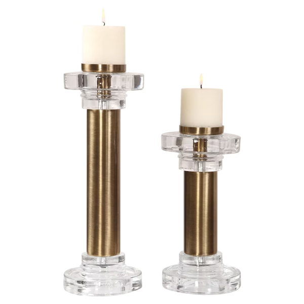 ACCENT LESLIE BRUSHED BRASD CANDLEHOLDERS, S/2