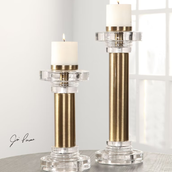 ACCENT LESLIE BRUSHED BRASD CANDLEHOLDERS, S/2